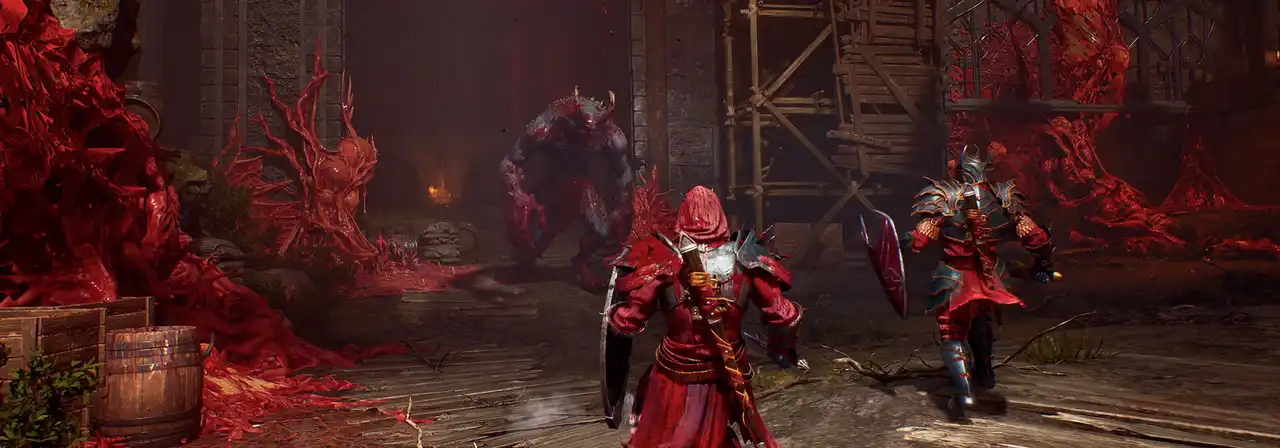Official Crimson Moon artwork: a hooded fighter in red armor advances with a shield toward a horned blue-skinned enemy in a blood-covered ruined courtyard, with an armored ally following behind.